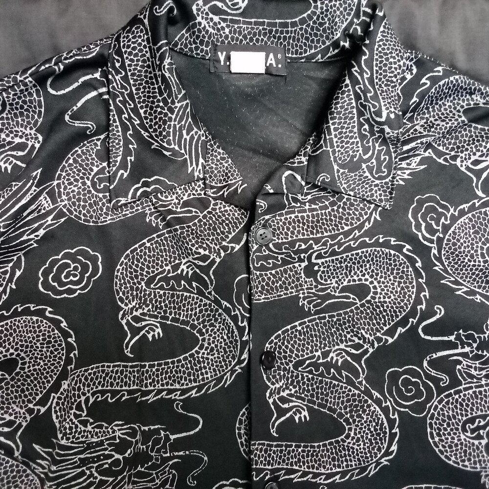 Vintage Y.M.L.A. Oriental Dragons Chinese Japanese Polyester Button Shirt